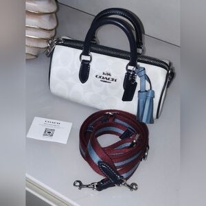 Coach White and Navy Handbag with Burgundy Strap